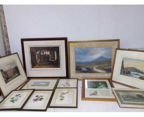 A group of framed and glazed watercolours and a gouache, prints and a photograph, to include a hilly landscape scene, signed 