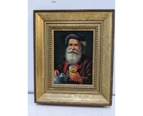 A Bahman - a head and shoulders portrait of a German bearded gentleman with a glass of wine in his hand, signed, oil on panel