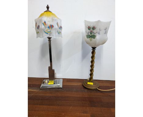 An Art Deco chrome table lamp with inscription and a brass table lamp, each with floral decorated glass shadeLocation: GIf th