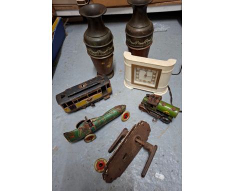 A small vintage lot to include 3 tin toy vehicles A/F, a pair of early 20th Century copper and metal vases with frieze, a doo