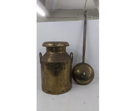 A vintage brass milk churn stamped Igate Creameries Ltd 14651 Y, 51cm high, together with a brass bed panLocation:If there is