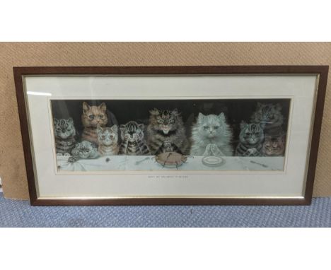 Louis Wain (1860-1939)' What we are about to receive' Cats mouse pie and beetle banquet colour print 49cm x 15.5cm. Framed an