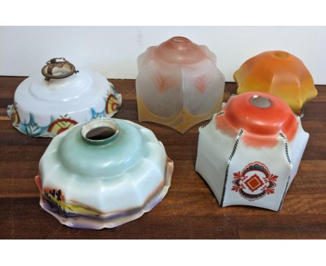 Five early 20th century lamp shades with floral landscape decorationLocation: 3-1If there is no condition report, please requ