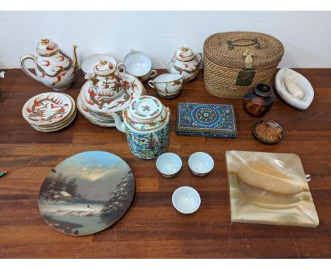 Ceramics and collectables to include a Japanese teaset, a Canton teapot, cups and carrying case A/F, on Iranian cloisonne cig