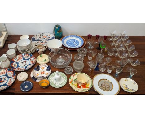 A mixed lot to include various sherry glasses of various styles and designs, a Clarice Cliff Autumn Leaf pattern cup, plate a