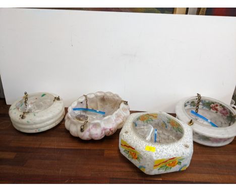 Four 1930/40s glass plafonnier ceiling light shades with floral or speckled ornamentLocation:GIf there is no condition report