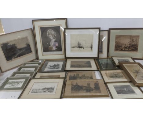 !9th century and later etchings and engravings to include Harold Wylie etching depicting  ships out at sea 28x22.5cm with an 