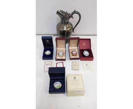 A mixed lot to include a Harrison & Son mantel clock a silver plated floral engraved jug and boxed enamel trinket boxesLocati
