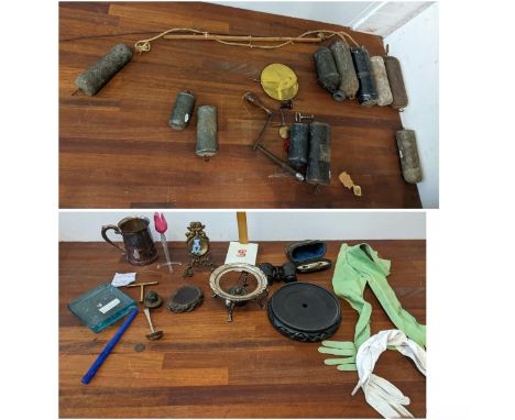 A mixed lot to include clock parts lead and other longcase clock weights, pendulum parts and keys, together with silver plate