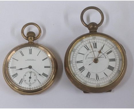 An early 20th century Waltham gold plated open face pocket watch together with a circa centre seconds chronograph gold plated