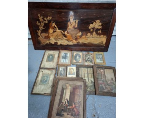An Indian inlaid marquetry wooden panel, unsigned, together with vintage photographs and prints, some framed. Location:GIf th