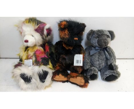 Three teddy bears to include Charlie Bears 'Yummy' and 'Scrump' with their original tags along with a Russ Vintage collection
