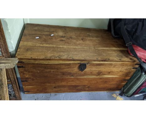 A vintage teak blanket chest with cast iron twin carrying handles, 48cm h x 97cm wLocation: GIf there is no condition report 