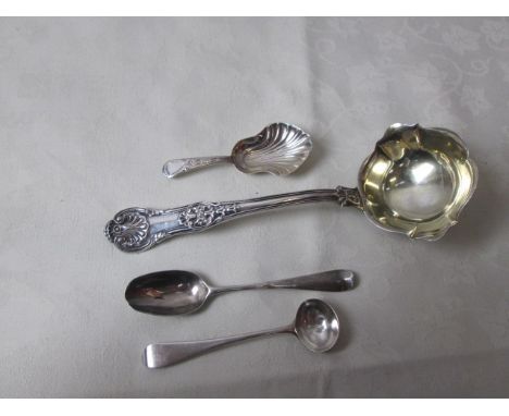 A Georgian silver ornate sauce ladle,caddy spoon and two others