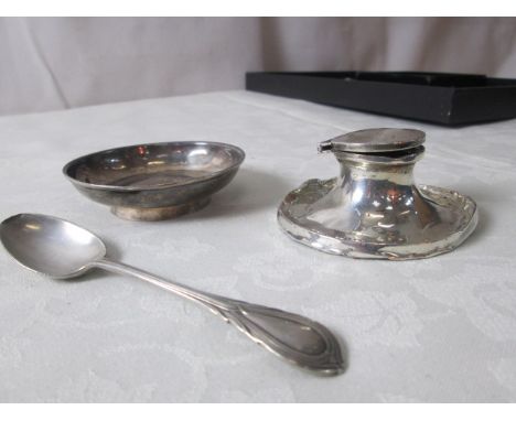 A HM silver spoon, inkwell and Chinese marked pin tray