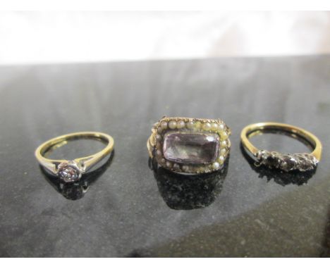 Vintage diamond rings; together with a Victorian amethyst and pearl example (A/F)