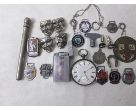 A quantity of dress jewellery; together with a silver Kendal and Dent pocketwatch and vintage car/bike badges