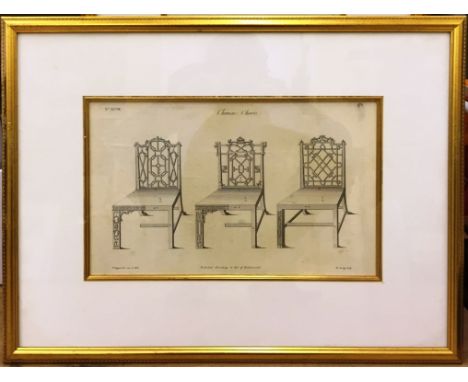 After Thomas Chippendale (1718-1779): Eight original 18th century monochrome engravings depicting designs for furniture inclu