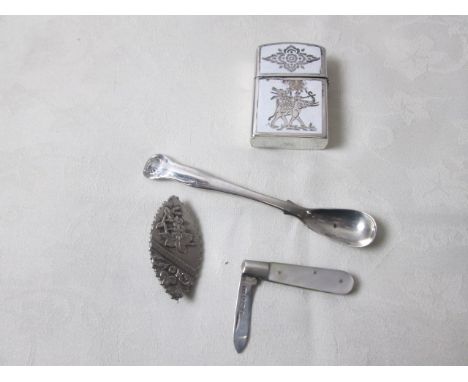 A HM silver spoon, fruit knife, brooch and Zippo-style lighter