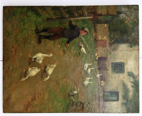 John William Gilroy (1868-1944): A boy by a gate with geese, oil on canvas, signed lower right 