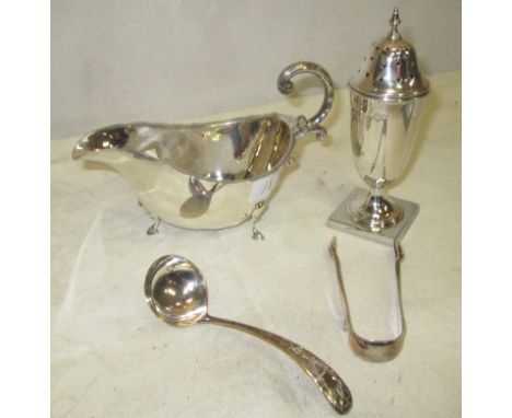 A HM silver sauceboat, snips, sifter and sauce ladle