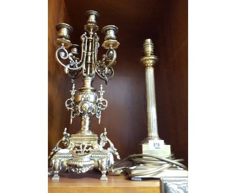 An Ornate Cast Brass Five Branch Candelabra,  a Brass Corinthian Column Table Lamp (2).