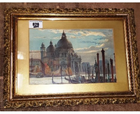 A Venetian Scene Overpainted Print, in original gilt frame. 14 x 22cm.