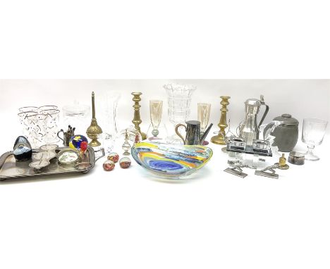 Quantity of metal ware to include a silver plated twin handled tray and a pair of brass candlesticks, and a quantity of glass