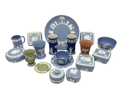 Quantity of Wedgwood Jasperware to include pair of 19th century dark blue spill vases decorated with neoclassical figures and