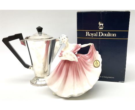 Royal Doulton figure 'Elaine' in pink with original box, together with an Art Deco EPNS hot water pot with ebonised handle (2