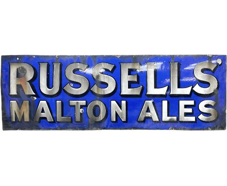 Large Vintage enamel advertising sign, of rectangular form, detailed 'RUSSELLS MALTON ALES' upon a blue ground, H61cm L183cm