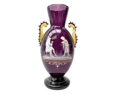 19th century Mary Gregory style amethyst glass vase, of ovoid form with twin amethyst and amber glass flying handles, decorat