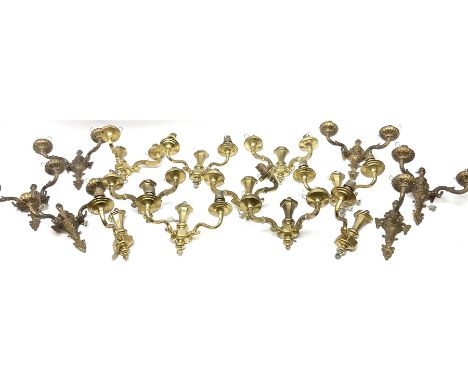 Quantity of brassed twin branched wall sconce lights and similar single light fittings