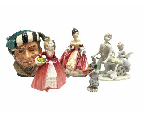 Royal Doulton figures comprising 'The Falconer' character jug, 'Southern Bell' and 'Janet', and two other ceramic figures