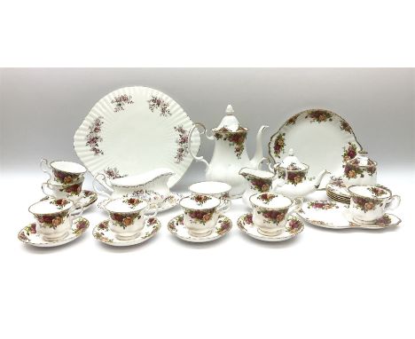 Royal Albert Old Country Roses pattern tea set, comprising teapot, coffee pot, six teacups and six saucers, five side plates,