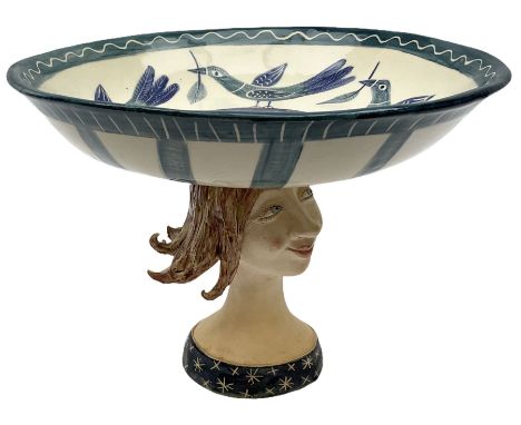 Ceramic 'girl with bird plate', by Helen Kemp, a plate depicting a blue bird pattern on a cream ground upon a sculpted head o
