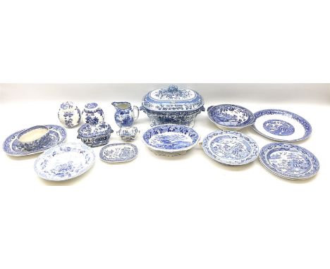 Collection of 19th century and later blue and white, to include tureen and cover with lion mask handles and finial, small Wil