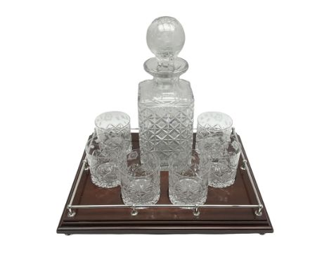 Edinburgh Crystal decanter set, comprising large square sided decanter the body with cut decoration, the globular stopper etc