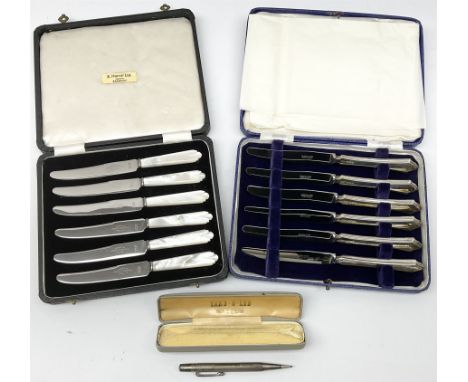 Cased set of six silver handled knives, hallmarked Mappin and Webb, Sheffield 1850, together with silver propelling pencil, w