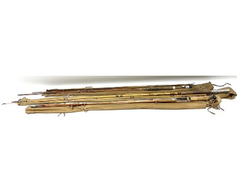 Allcocks 'Light Caster' two piece split cane rod with cork grips and two similar rods (3)