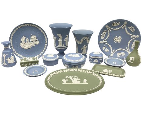 Wedgwood blue and green Jasperware pedestal vase, together with three other vases, pin dish, trinket boxes, etc (14)