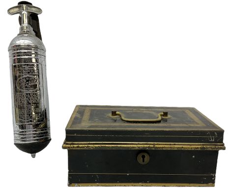 Junior chrome Pyrene vehicle fire extinguisher with original mounting bracket L28cm, together with black metal box with a rem
