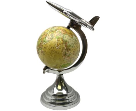 Art Deco style world globe with chrome aeroplane finial and mounts, H31cm