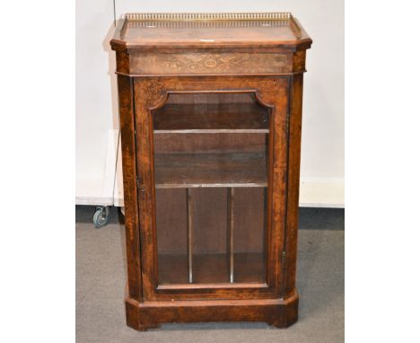 Victorian walnut music cabinet, rectangular top with canted corners, brass three-quarter gallery glazed doors enclosing shelv