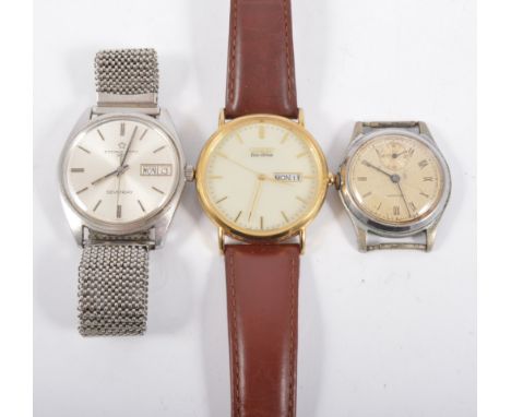 Three wrist watches, all gentleman's, a gold-plated Citizen Eco-Drive strap model, a stainless steel Eterna-Matic 3000,  and 