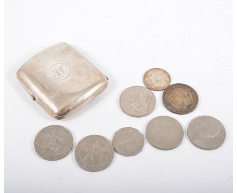 Edwardian silver cigarette case, Birmingham 1904, engraved monogram, 9cm; small collection of commemorative crowns and other 