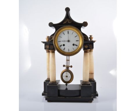 French ebonised portico clock, 19th Century, white enamelled dial, signed Rollin á  Paris, movement striking on a gong, casin