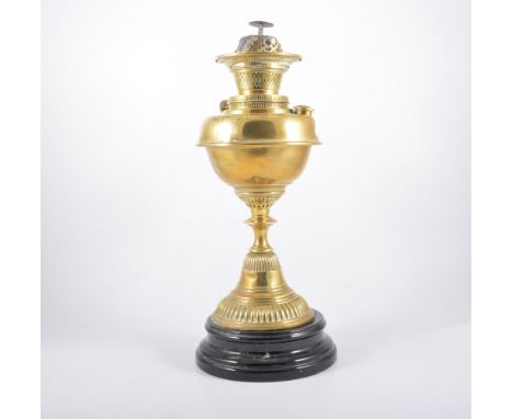 Two sets of balance scales and brass pedestal oil lamp. (3)