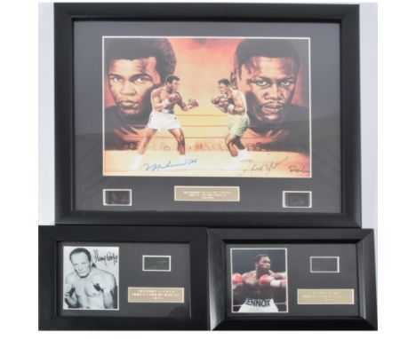 Boxing interest: framed photos of Sir Henry Cooper with filmcell 73:1000, Lennox Lewis with filmcell 53:1000 and Muhammad Ali