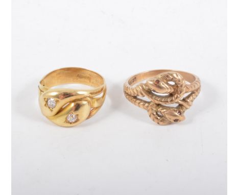 Two snake design rings, a yellow metal ring stamped 18ct. with two old cut diamonds set into the eyes, approximate weight of 